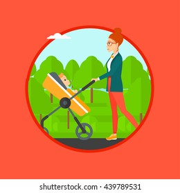 Young mother walking with baby stroller in the park. Mother walking with her baby in stroller. Mother pushing baby stroller. Vector flat design illustration in the circle isolated on background.