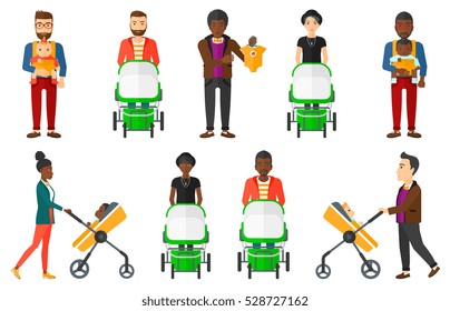 Young mother walking with baby in stroller. Smiling mother pushing baby stroller. Young happy father walking with baby in sling. Set of vector flat design illustrations isolated on white background.