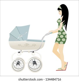 Young Mother Walking With A Blue Baby Carriage