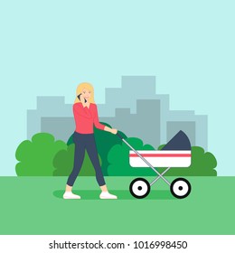 Young mother is walking with her baby in stroller and talking on her phone. Flat style vector illustration, isolated on modern city background. Poster, banner template. Design for print, web