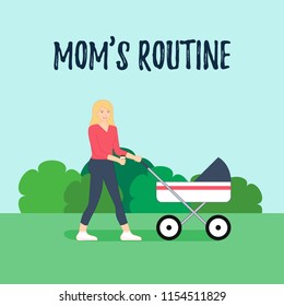 Young mother is walking with her baby in stroller and drinking coffee from the cup. Flat style vector illustration, isolated on green park background. Poster, banner template. Design for print, web