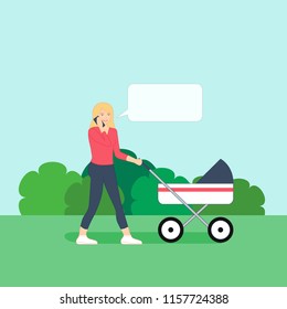 Young mother is walking with her baby in stroller and talking on her phone. Flat style vector illustration, isolated on modern city background. Poster, banner template. Design for print, web