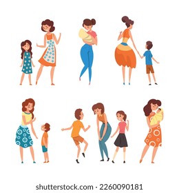 Young Mother Walking with Her Child, Talking to Her Little Son and Daughter and Holding Newborn Baby Vector Set