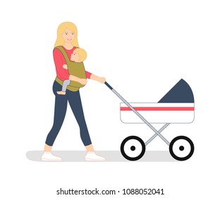 Young mother is walking with her little baby in ergo backpack, she is rolling the stroller with one hand. Flat design vector illustration, isolated. Poster, banner template. Mom's everyday routine.