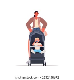 young mother walking with newborn baby in stroller motherhood concept full length vector illustration