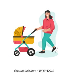 Young mother walking with newborn baby in stroller. Babysitter takes care of child. Maternity, happy motherhood, childhood, family concept. Vector character illustration isolated on white background