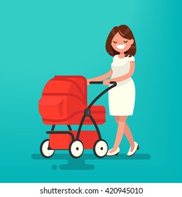 Young mother walking with a newborn that is in the pram. Vector illustration of a flat design