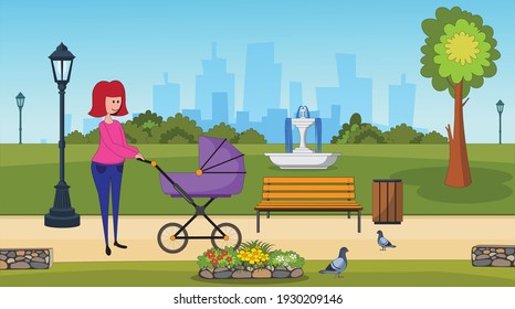 Young mother walking in the park with stroller on  summer day. Green park with bench and fountain. 