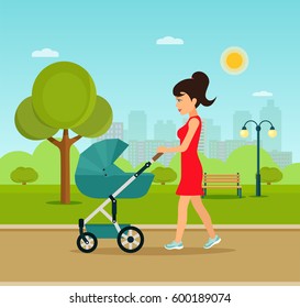 Young mother walking in the Park with a stroller on sunny day. Vector flat illustration