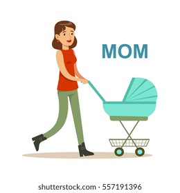 Young Mother Walking With Stroller Happy Family Having Good Time Together Illustration