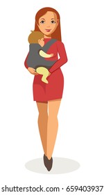 Young mother walks with baby carrier isolated illustration