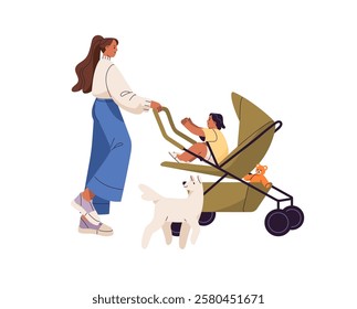 Young mother walks with son or daughter in baby carriage. Parent pushes pram, strolls with kid outdoors. Mom with child in buggy, perambulator. Flat isolated vector illustration on white background