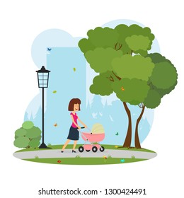 Young mother walks with a stroller in a city park in the shade of trees. Vector illustration in flat style.