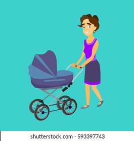 A young mother walks with a stroller. Happy mom and baby. Vector illustration of flat design.