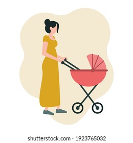 Una joven madre camina con un cochecito. Ilustración vectorial en un estilo plano aislado en un fondo blanco, icono.