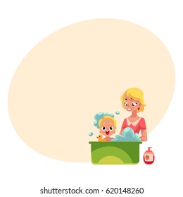 Young mother washing her baby, son, child in bathtub full of foam, cartoon vector illustration with space for text. Blond mother washing, bathing baby, child care concept