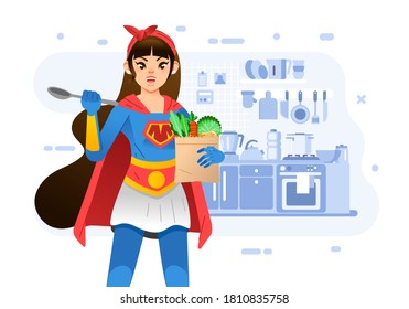 young mother wearing superhero costume while holding spoon and groceries in the kitchen, with kitchen interior as background. used for poster, book cover and other