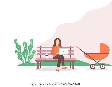 A young mother who works sitting on a park bench near a stroller with a baby. Female freelancer working or studying on a laptop in a park. Freelancer lifestyle. Vector llustration in a flat style.