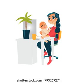 Young mother, woman, girl working from home, sitting at computer table with baby on her knees, flat cartoon vector illustration isolated on white background. Woman working from home on parental leave