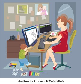 Young mother, woman working from home, freelancer