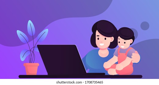 Young Mother working from Home with kids
