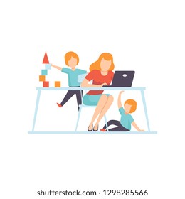 Young Mother Working at Home on Laptop Computer, Her Sons Playing Next to Her, Freelancer, Parent Working with Children, Mommy Businesswoman Vector Illustration