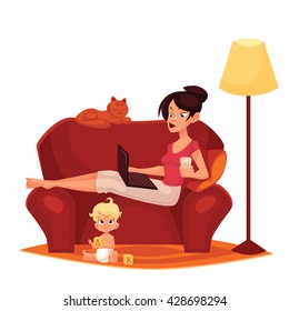 Young mother is working at home, vector cartoon comic illustration isolated on white background, woman, mother sitting on the couch with a computer ready, Internet, child homes, mom freelance women