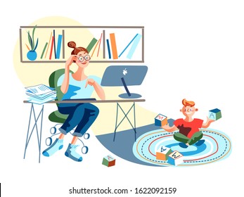 Young mother working at home while son playing with blocks cartoon. Housewife freelancer typing on computer keyboard. Mommy businesswoman and motherhood. Vector flat cutout illustration