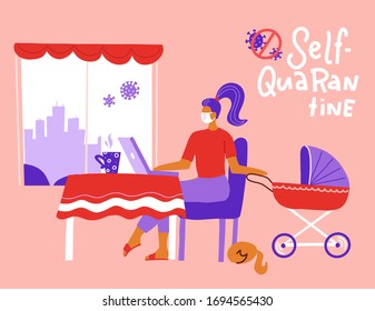 Young mother working remotely near stroller with baby. Female freelancer working or studying on laptop at home. Freelancer lifestyle. Concept with woman on coronavirus quarantine. Vector flat design.