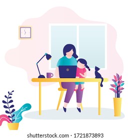 Young mother works on laptop with daughter on lap. Multitasking business woman. Remote work from home during quarantine. Home office workplace. Self-isolation with the family. Flat vector illustration