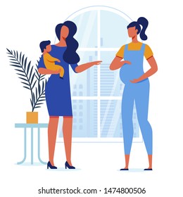 Young Mothers Conversation Vector Illustration. Pregnant Lady and Woman Holding Toddler Cartoon Characters. Girlfriends Talk, Female friendship. Maternity Leave, Feminine Happiness, Motherhood