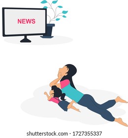 Young mothers and daughters both were lying with their hands on their chin and one leg raised, watching coronavirus on TV vector isometric design concept.