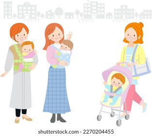 Young mothers dressing up and going out with their babies
