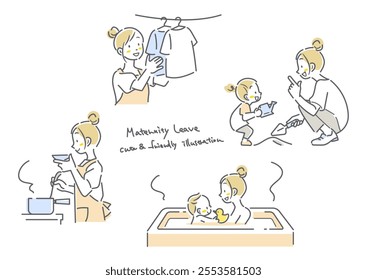 Young mother's housework and childcare set: simple and stylish line drawing illustrations