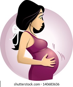 Young mother-to-be surprised by a baby kick - vector illustration