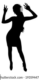Young motion woman with headphones listening music, vector  