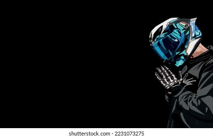young motorcycle rider in blue helmet