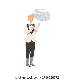 Young Moustached Bridegroom as Newlywed or Just Married Male Standing in Suit and Rubber Boots Under Umbrella Vector Illustration