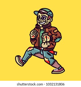 Ð¡heerful young moving guy, boy, with with a package in hand. Burglar, thief, prowler concept illustration. Vagabond guy. Black contour, colored on yellow background. Vector, isolated