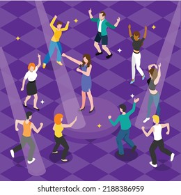 Young multi ethic people couples dancing at disco club isometric 3d vector illustration concept for banner, website, illustration, landing page, flyer, etc.