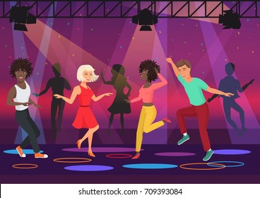 Young multi ethic people couples dancing in colorful spotlights at disco club night party. Cartoon vector illustration.