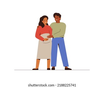 Young Multicultural Couple Expect The Baby. Man Embraces His Pregnant Wife. Husband Supports His Wife Who Waiting A Child. Family Concept. Vector Illustration