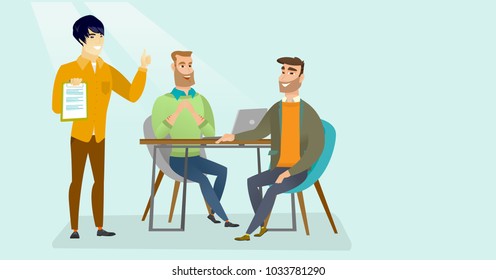 Young multicultural human resource managers talking with caucasian white job applicant and checking curriculum vitae during interview for a position. Vector cartoon illustration. Horizontal layout.