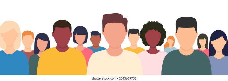 Young multicultural people crowd. Human portraits collection. Diverse business men and women avatar icon. Male and female faces group. Vector illustration isolated on white