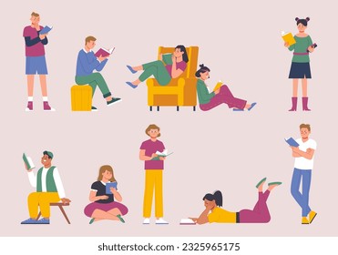 Jóvenes multiculturales leyendo libros. Hombre mujer leyendo, sosteniendo libros. Lectores, estudiante en la biblioteca. Caracteres vectoriales educativos