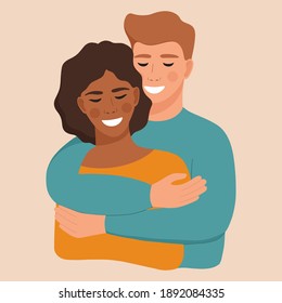 Young multiethnic couple embracing. Smiling african girl and her boyfriend.  Mixed race relationships concept. Flat vector illustration.