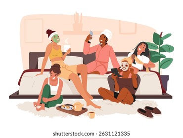 Jovens mulheres multiétnicas se reúnem em uma festa de pijama compartilhando fofocas apreciando a cena dos desenhos animados do procedimento de beleza cosmética. Grupo de amigos do sexo feminino sentado e conversando na ilustração vetor quarto