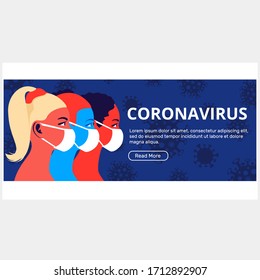 Young multiethnic women wearing disposable medical masks. Coronavirus protection and prevention. Self-isolation and quarantine cartoon vector illustration. Protect yourself from virus infection