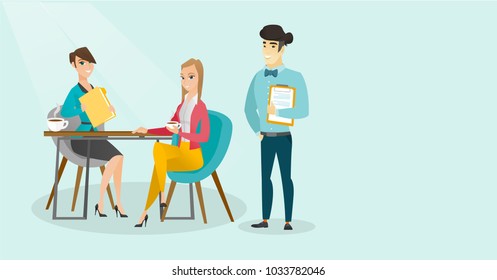 Young multiracial business people drinking coffee and talking at business meeting. Caucasian white women and asian man chatting at business meeting. Vector cartoon illustration. Horizontal layout. Young multiracial business people drinking coffee and talking at business meeting. Caucasian white women and asian man chatting at business meeting. Vector cartoon illustration. Horizontal layout.
