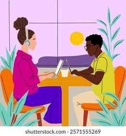 Young multiracial couple, man and woman working on laptop in comfortable cafe with big window and house plants. Freelancers in casual clothes and headphones. Colorful flat vector illustration